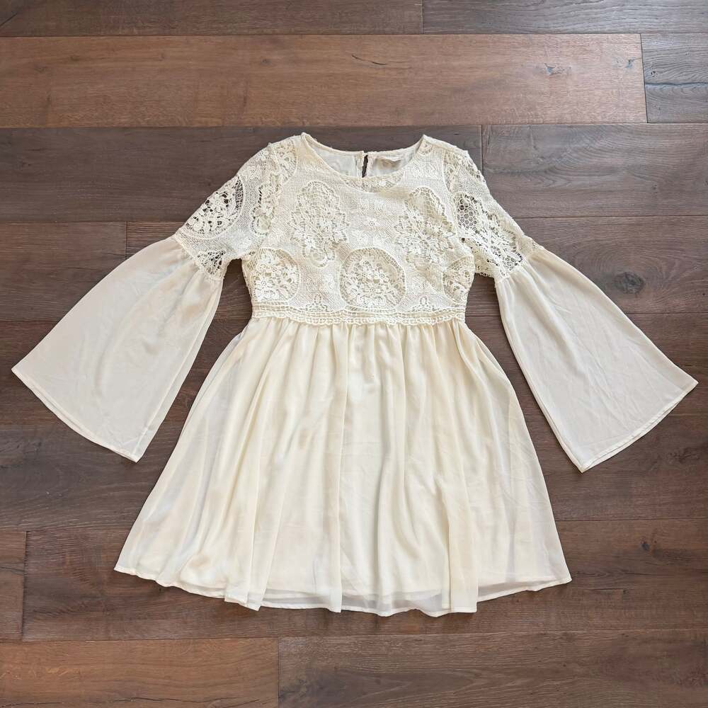 Altar'd State Ivory Boho Cottagecore Chiffon & Crochet Lace Long Sleeve Dress ~L